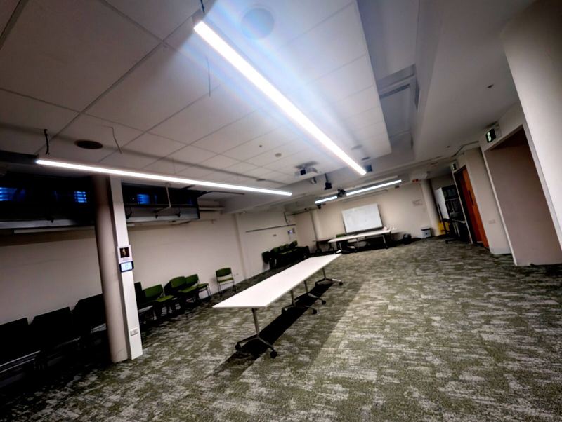 Linear pendant lights in an office meeting room