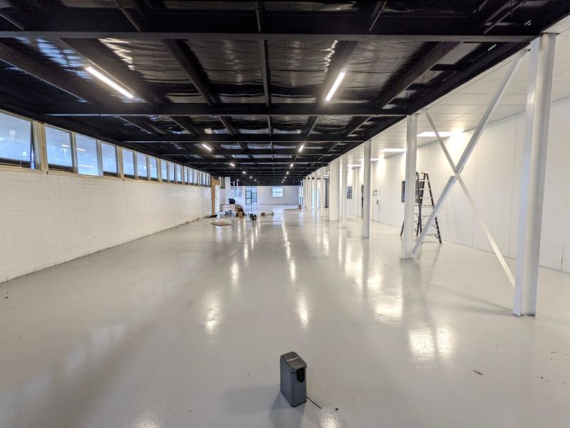 Linear ceiling lights in a warehouse fit-out